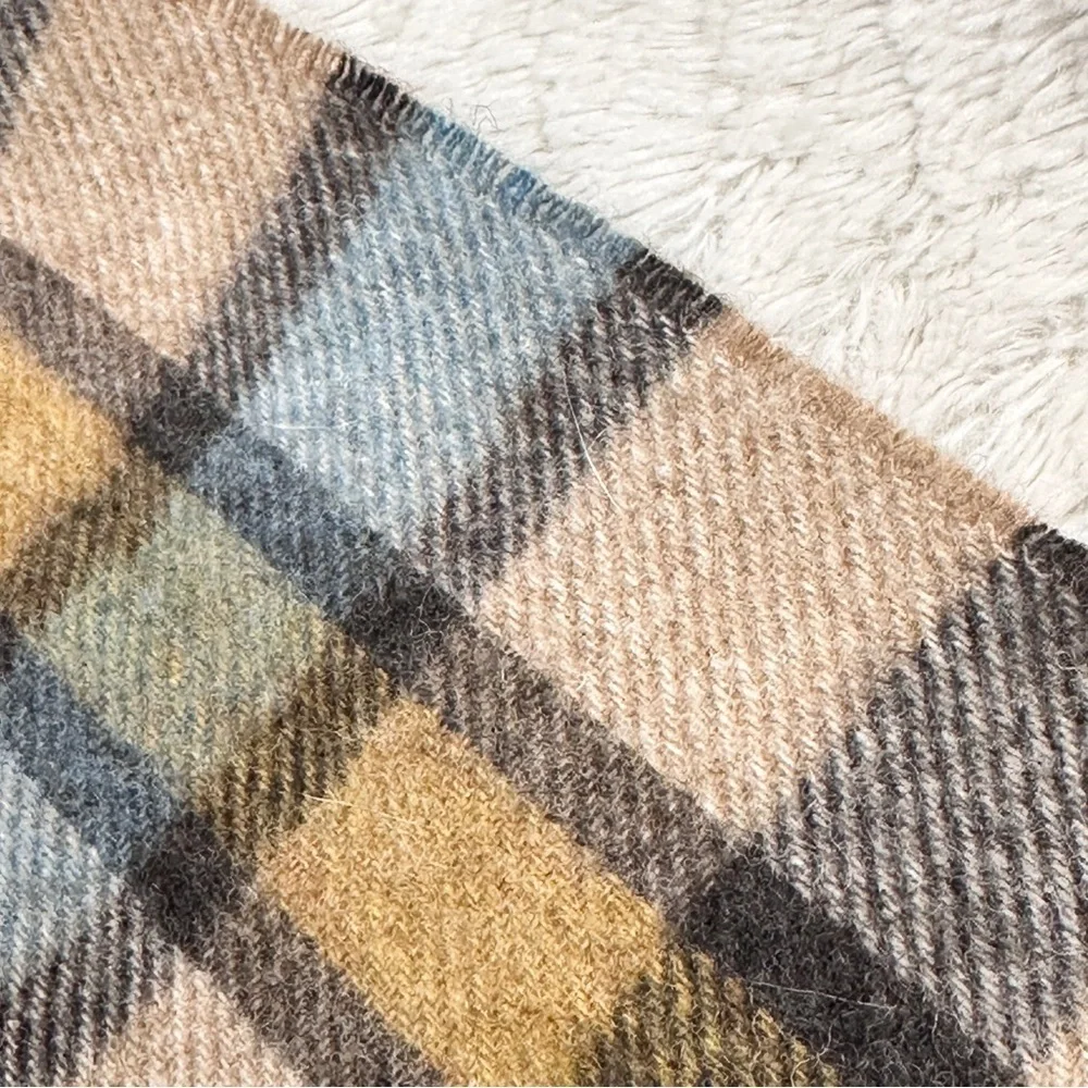 Bronte by Moon Lambswool Plaid Scarf in Blue, Brown, and Tan, Great Britain